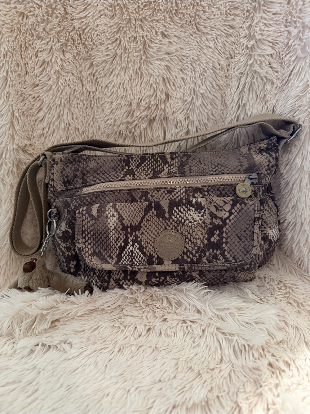 Kipling Taupe and Dark Brown Snake-Print Crossbody Bag